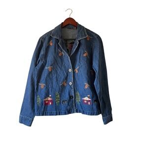 Vintage Womens Denim Jacket Embroidered Cabin Trees Bear‎ Leaves XL
